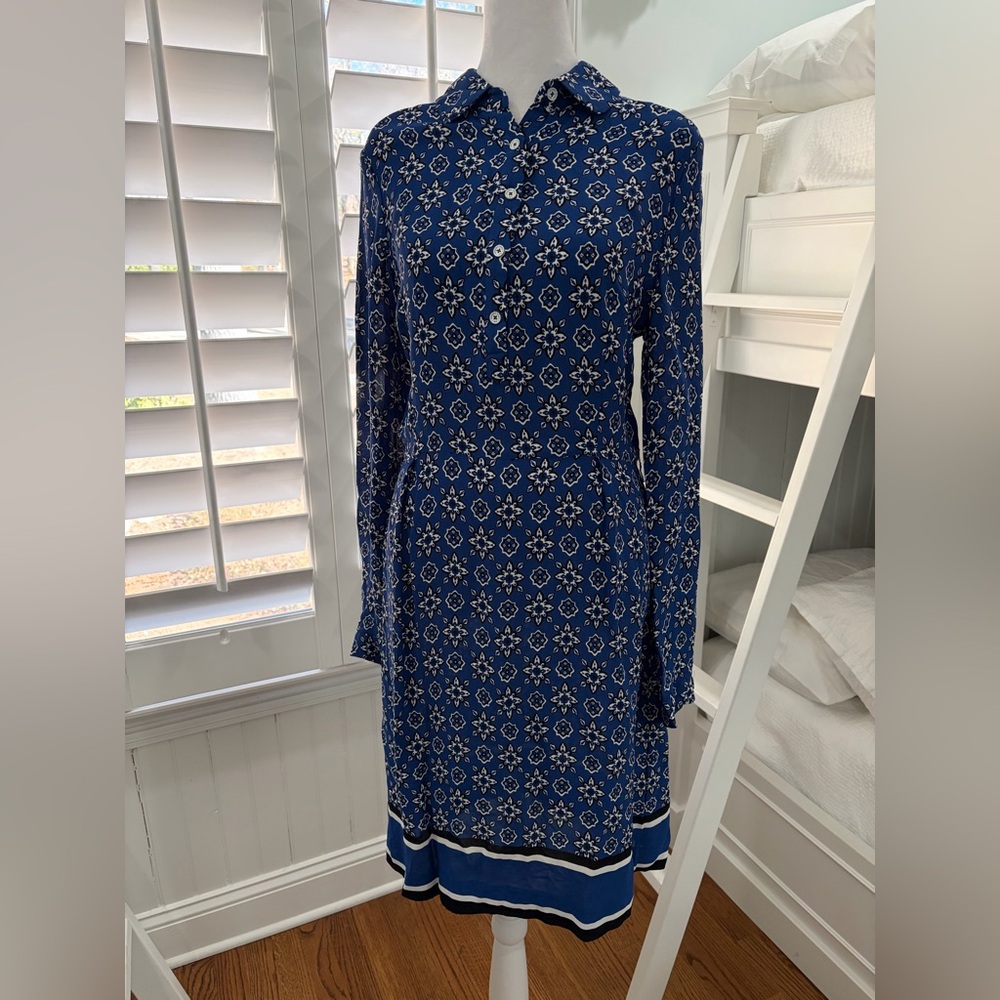Brooks Brothers Navy Blue and White Long Sleeve Shirt Dress